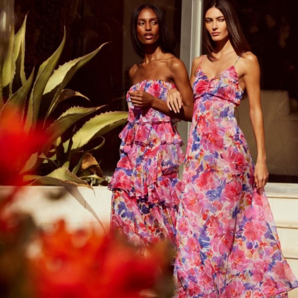 Misa Los Angeles Pink, Purple and Blue Watercolor Floral Midi Dress